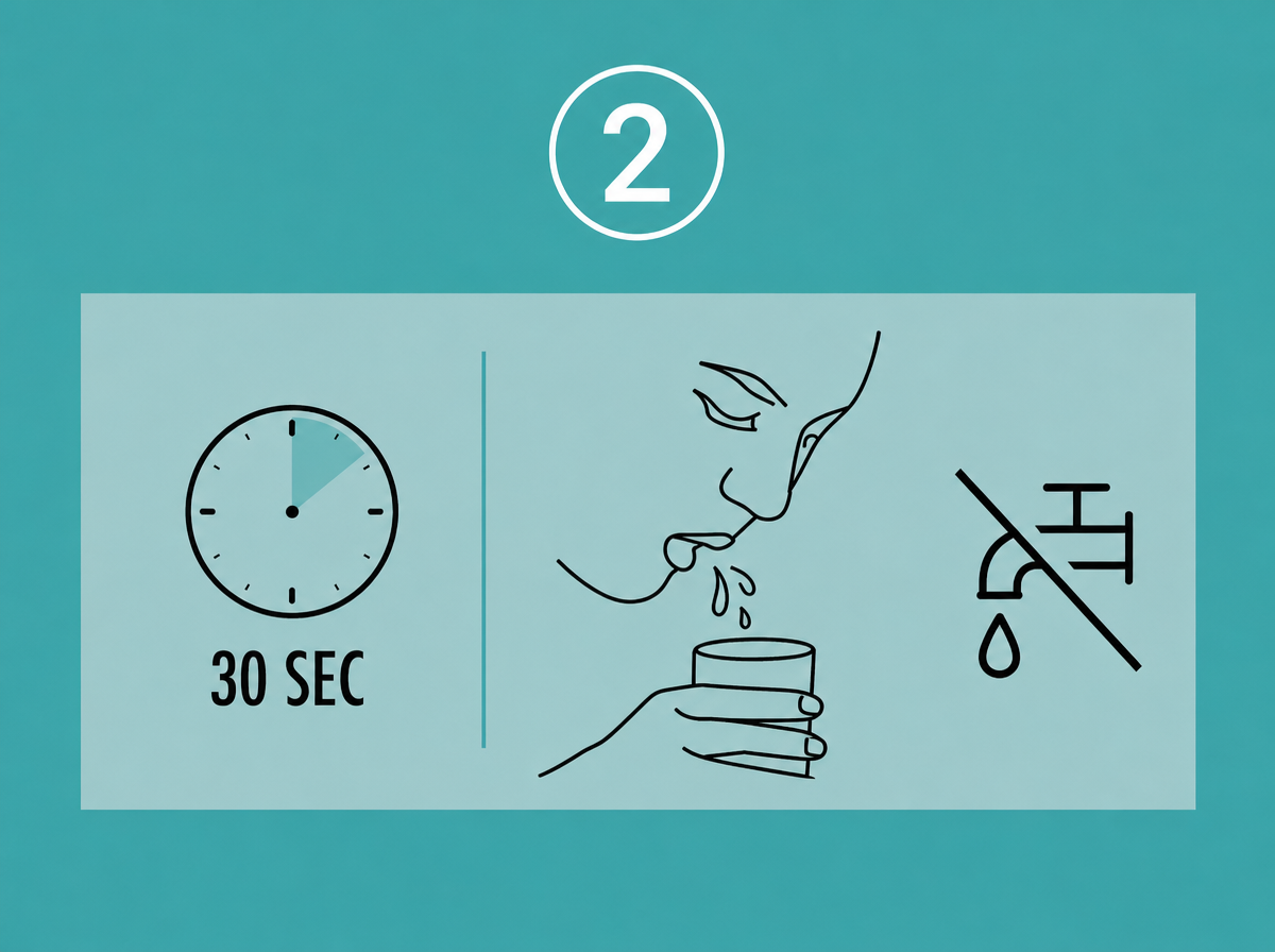 Anwendungsschritt 2: Piktogramm auf türkisem Hintergrund zeigt eine Uhr mit „30 SEC