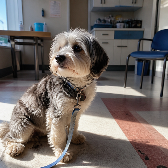 Hund schaut traurig in Tierarztpraxis