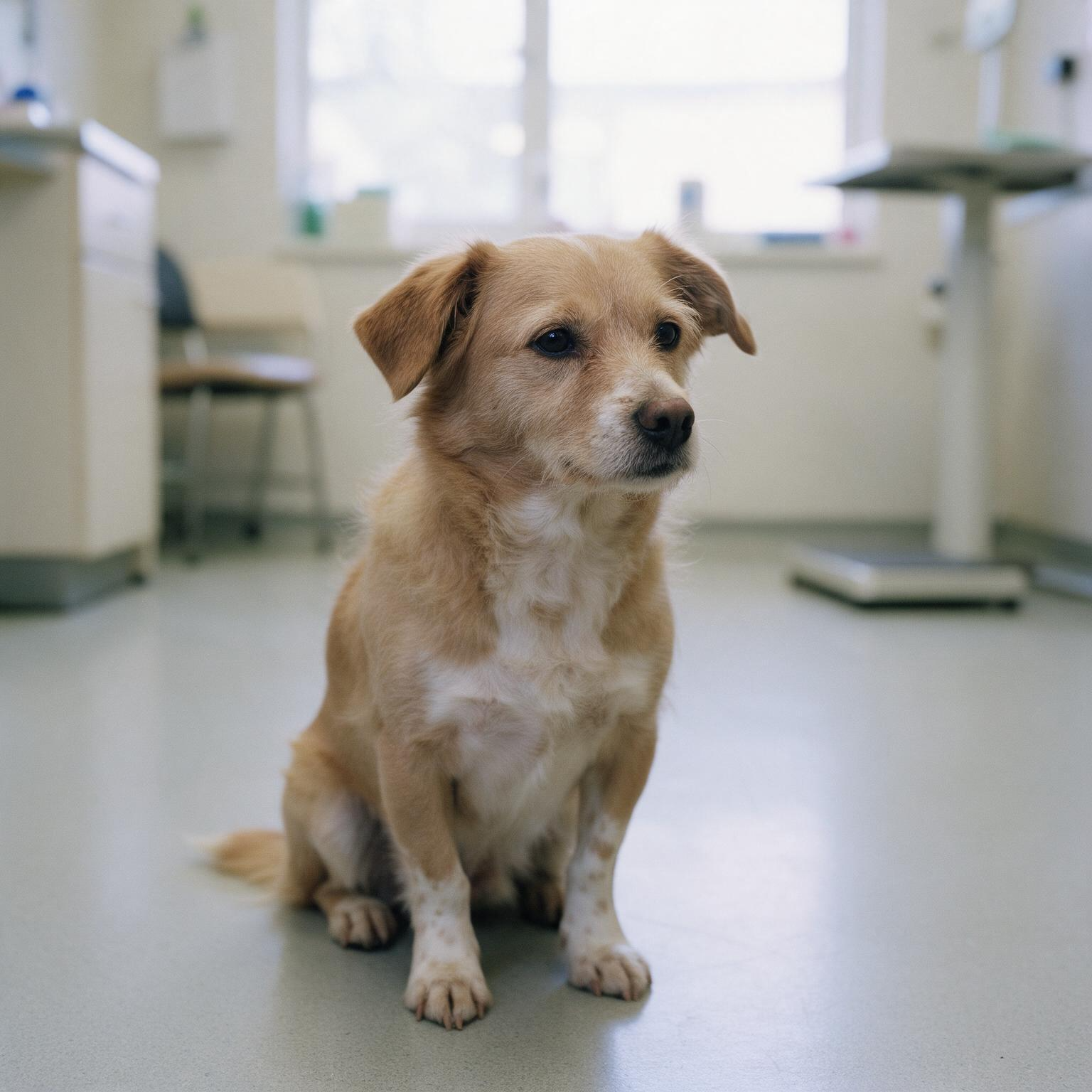 Kleiner Hund traurig in Tierarztpraxis