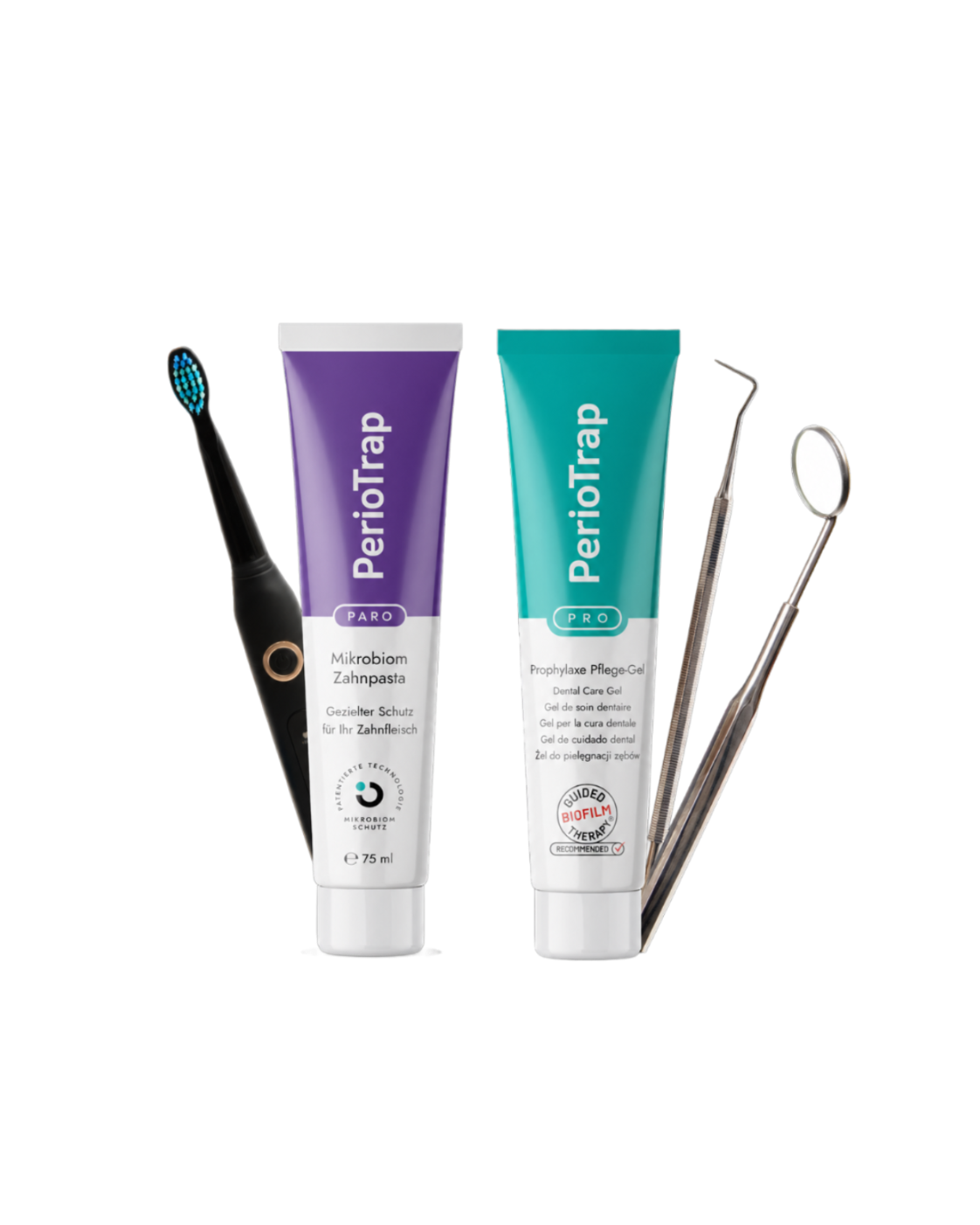 PerioTrap Komplettes Mundpflege-System – Happybrush Elektrische Zahnbürste, PerioTrap PARO Mikrobiom Zahnpasta, PerioTrap PRO Prophylaxe Pflege-Gel und zahnärztliche Instrumente