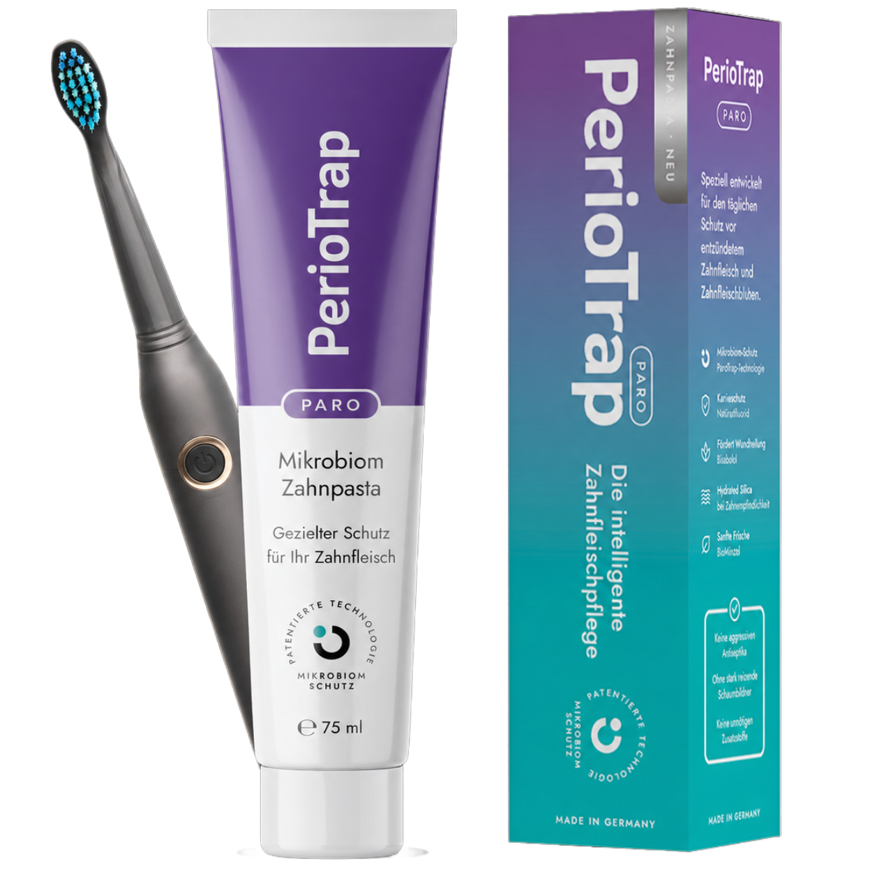 PerioTrap PARO Komplettes Pflege-System – Happybrush Elektrische Zahnbürste mit blauer Bürste, PerioTrap PARO Mikrobiom Zahnpasta und Verpackung mit Produktinformationen
