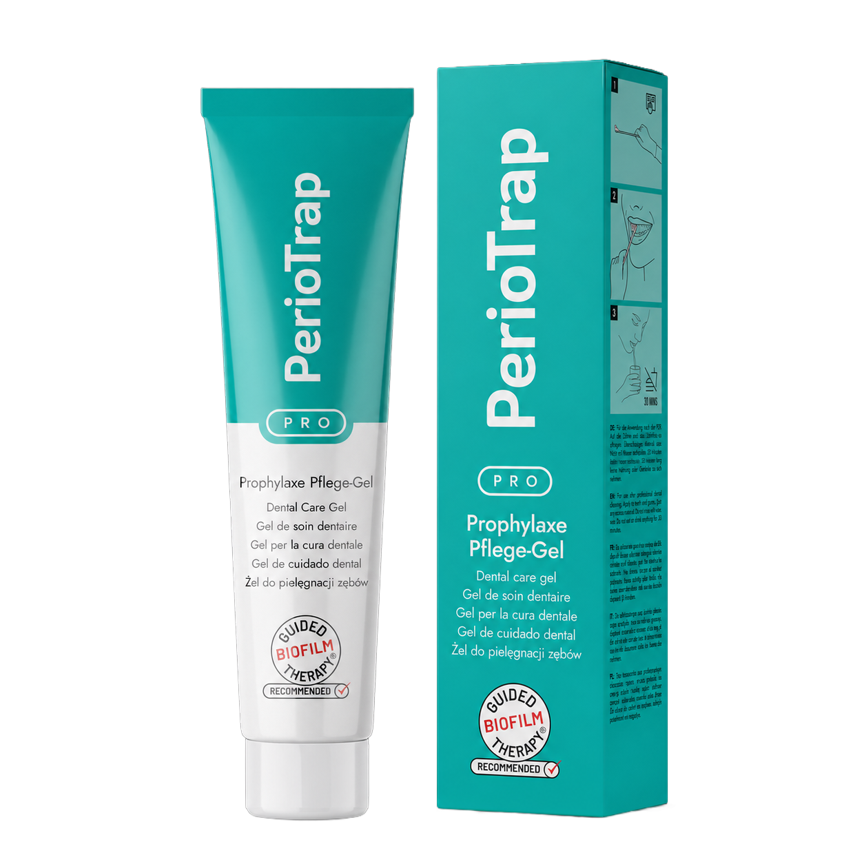 Türkisfarbene Tube und passende Faltschachtel des Produkts „PerioTrap PRO Prophylaxe Pflege-Gel“. Auf beiden Verpackungen steht die Produktbezeichnung in mehreren Sprachen (u. a. Deutsch, Englisch, Französisch) sowie ein rundes Logo mit der Aufschrift „Guided Biofilm Therapy Recommended“. Die Schachtel zeigt auf der Seite zudem eine dreistufige, illustrierte Anwendungsanleitung.
