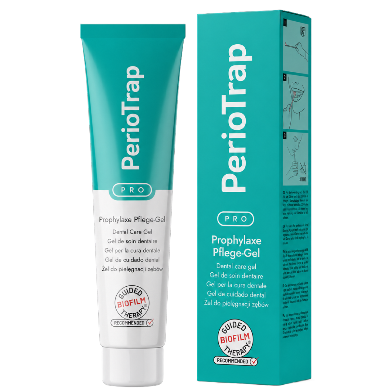 PerioTrap PRO Prophylaxe Pflege-Gel – Tube und Packung mit Guided Biofilm Therapy Zertifikat. Mehrsprachiges Dental Care Gel für professionelle Zahnpflege