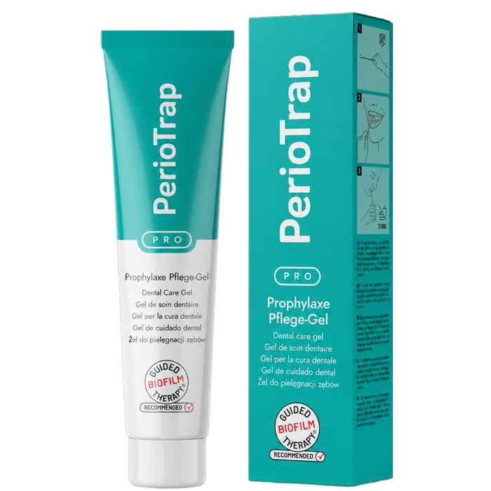 PerioTrap PRO Prophylaxe Pflege-Gel – Tube und Packung mit Guided Biofilm Therapy Zertifikat. Mehrsprachiges Dental Care Gel für professionelle Zahnpflege