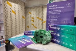 PerioTrap Mikrobiom-Zahnpasta beim Softlaunch in Halle – Produktaufsteller in Apotheke mit Broschüre und grünem Plüschbakterium